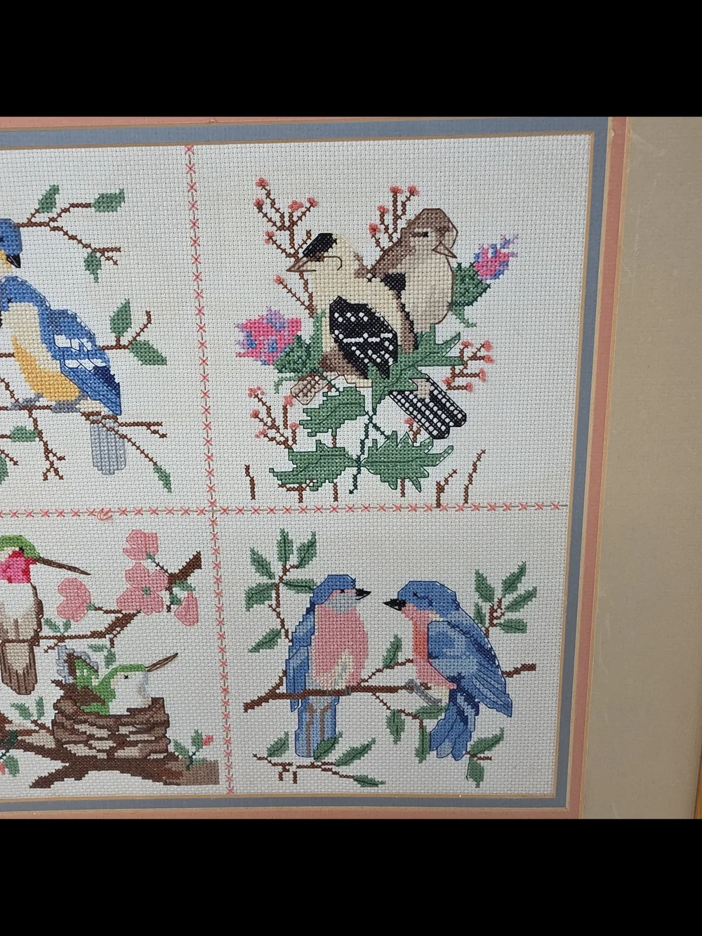 Framed Four-Panel Bird Cross-Stitch Wall Art in Blue, Pink & Green